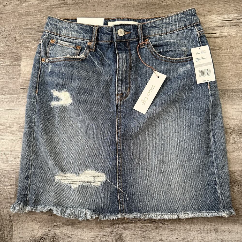 Ella Moss Denim Skirt Womens 27 Blue GWEN Knee Length High Waist Distressed NEW